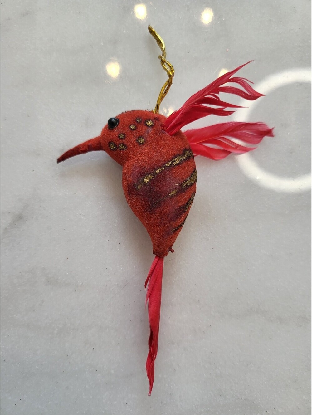 Vintage 1970s Christmas Ornament 4" Red Feathered Humming Bird Flying A33